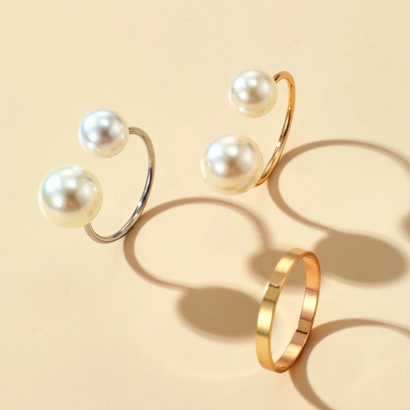 Pearl Elegance Ring Set, Double Pearl Ring Set, Pearl Cuff Ring, 3 Ring Set - Picture 5 of 5
